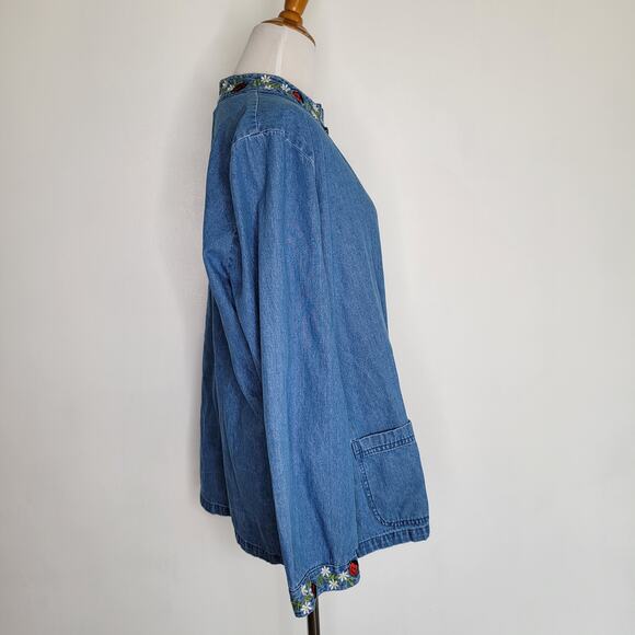 Country Store Denim Jacket Ladybug Floral Embroidery Zip Front Women Large - Picture 2 of 10